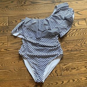 Womens one shoulder one piece swimsuit white/navy blue stripes XL
